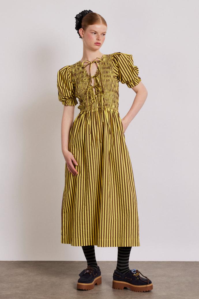 Co-ords | Women Damson Madder Bluebelle Midi Dress - Brown Yellow Stripe