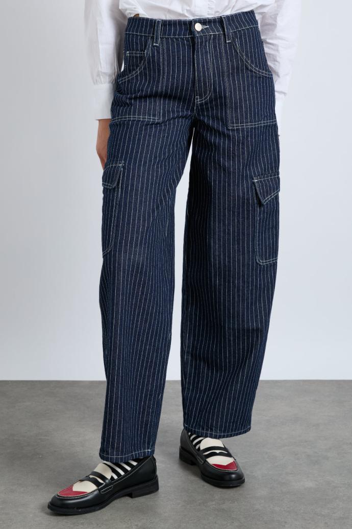 Denim | Women Damson Madder Cargo Jeans - Navy Pinstripe