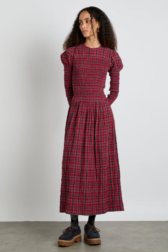 Dresses | Women Damson Madder Alice Shirred Midi Dress- Red Check