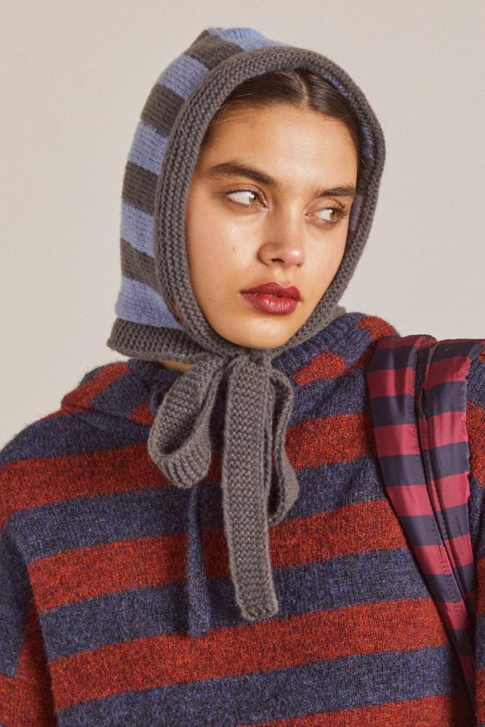 Hats | Women Damson Madder Tie Neck Bonnet In Grey & Blue Stripe