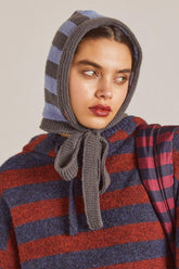 Hoods | Women Damson Madder Tie Neck Bonnet In Grey & Blue Stripe