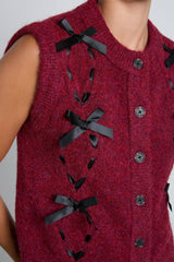 Knitwear | Women Damson Madder Aggie Knit Vest With Bows- Burgundy Cable