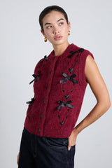 Knitwear | Women Damson Madder Aggie Knit Vest With Bows- Burgundy Cable