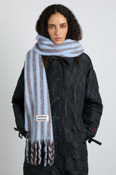 Scarves | Women Damson Madder Chocolate & Baby Blue Fluffy Stripe Scarf