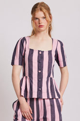 Tops | Women Damson Madder Philly Peplum Blouse - Pink Blue Stripe