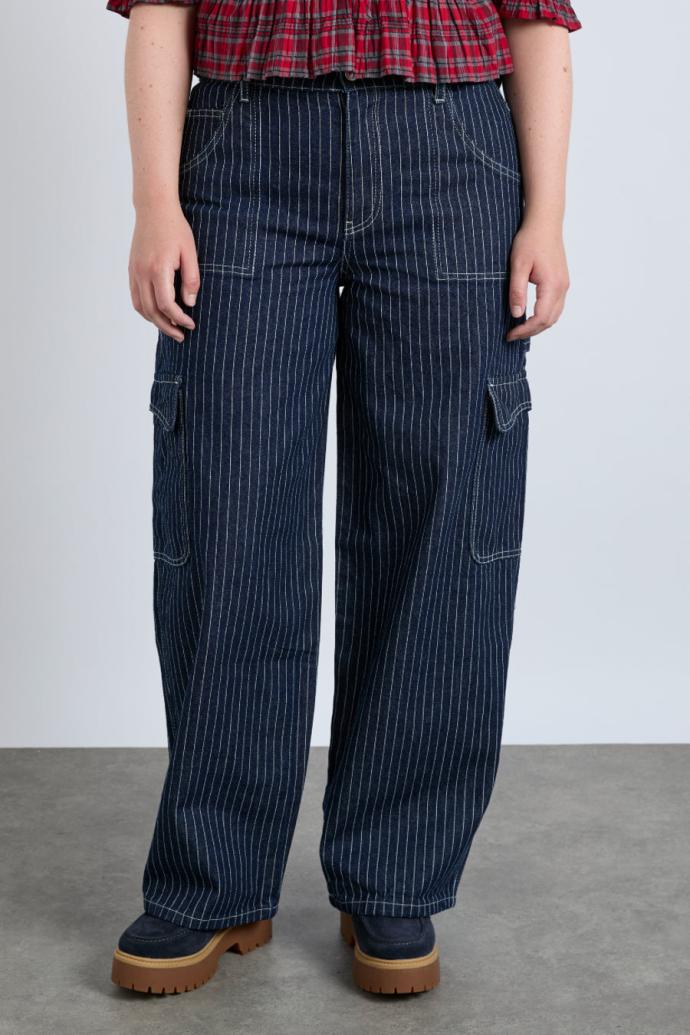 Bottoms | Women Damson Madder Cargo Jeans - Navy Pinstripe