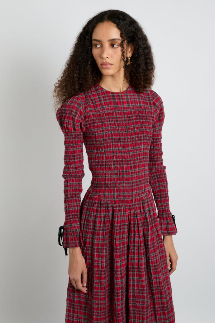 Co-ords | Women Damson Madder Alice Shirred Midi Dress- Red Check