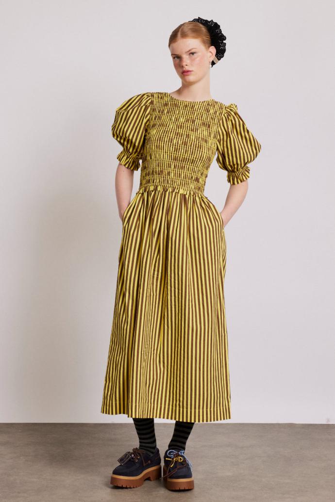 Co-ords | Women Damson Madder Bluebelle Midi Dress - Brown Yellow Stripe