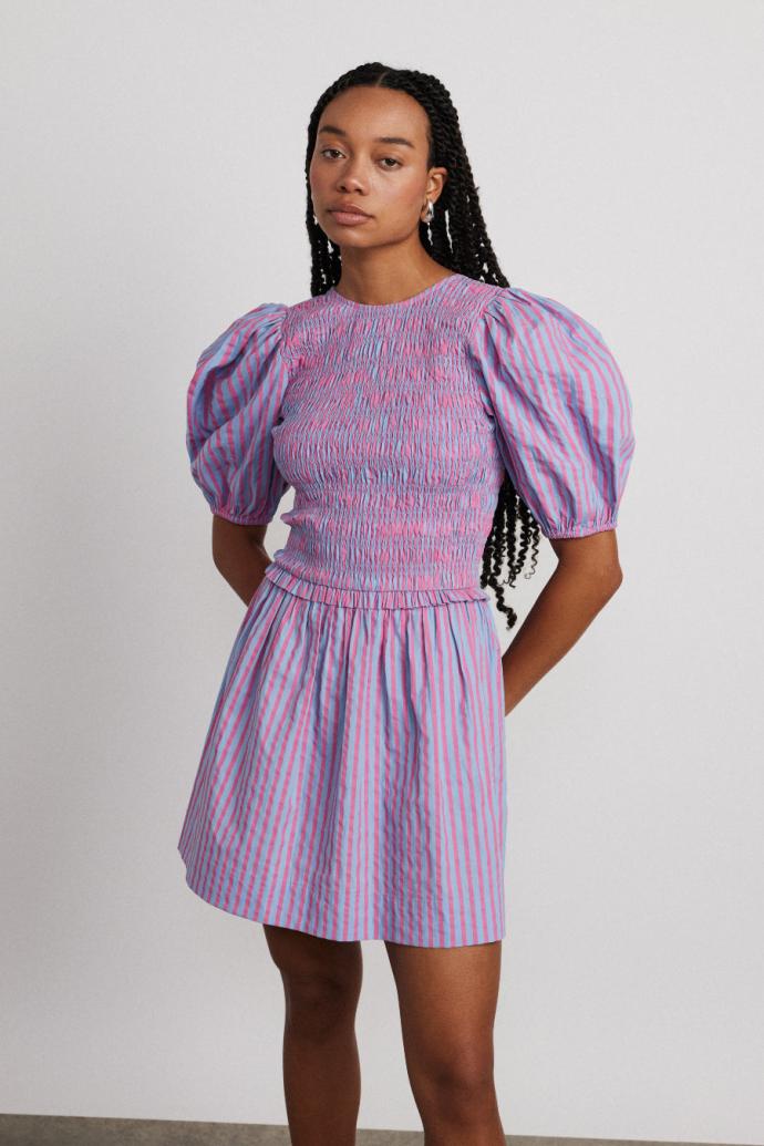 Co-ords | Women Damson Madder Bluebelle Shirred Mini Dress - Pink &amp; Blue Stripe
