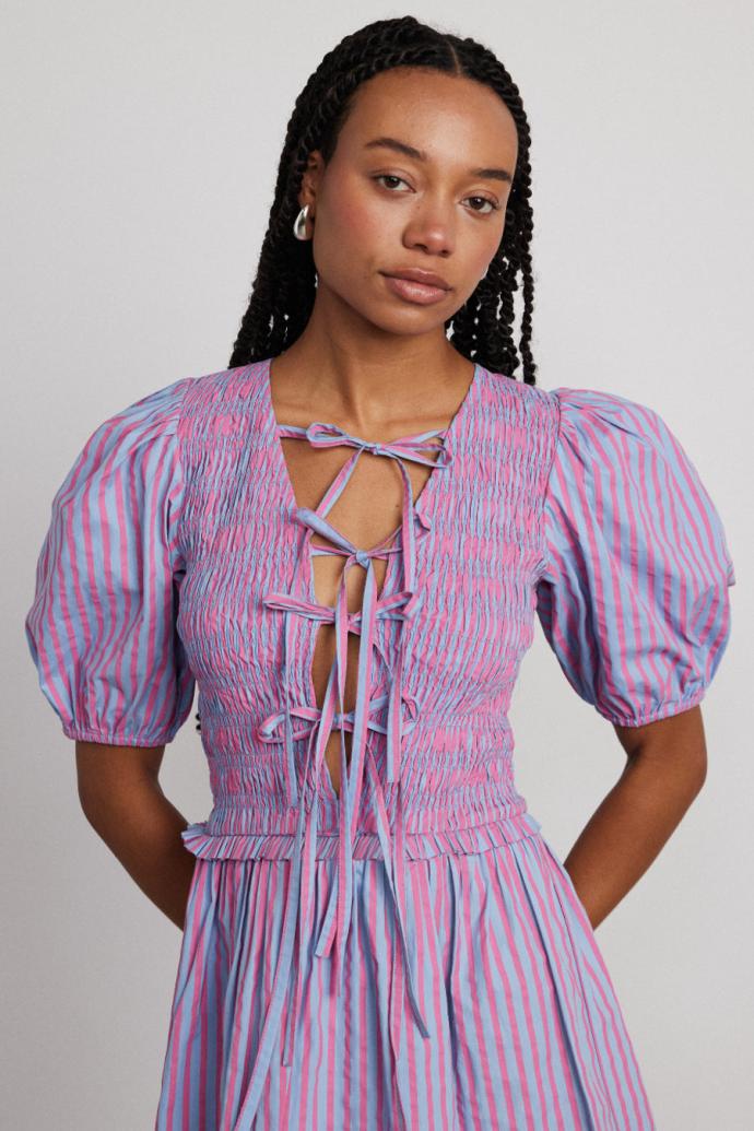 Co-ords | Women Damson Madder Bluebelle Shirred Mini Dress - Pink &amp; Blue Stripe
