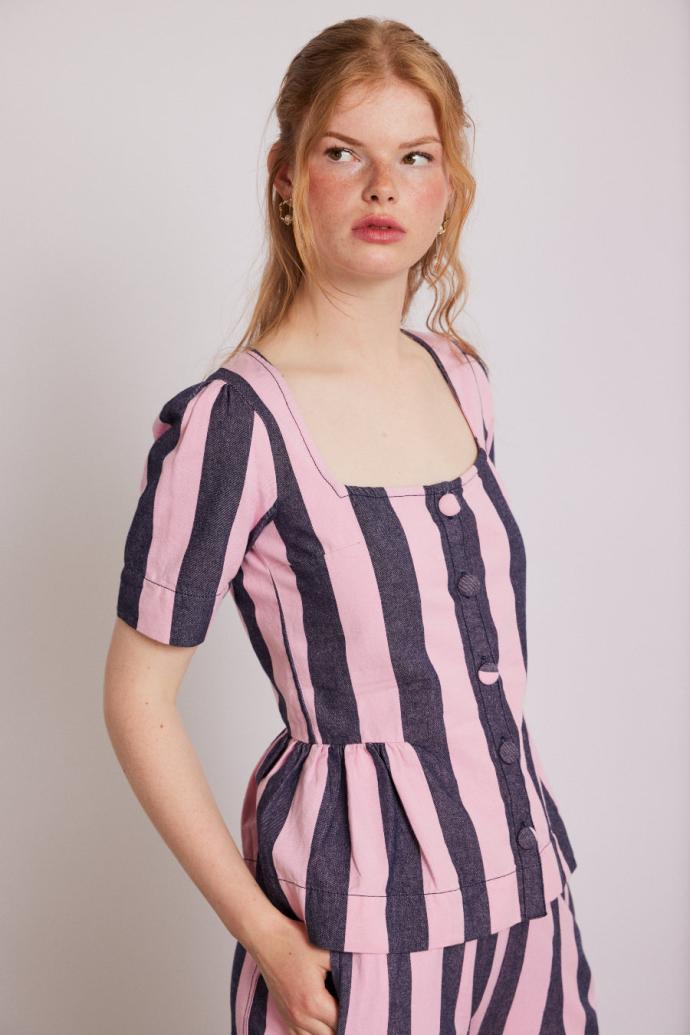 Co-ords | Women Damson Madder Philly Peplum Blouse - Pink Blue Stripe