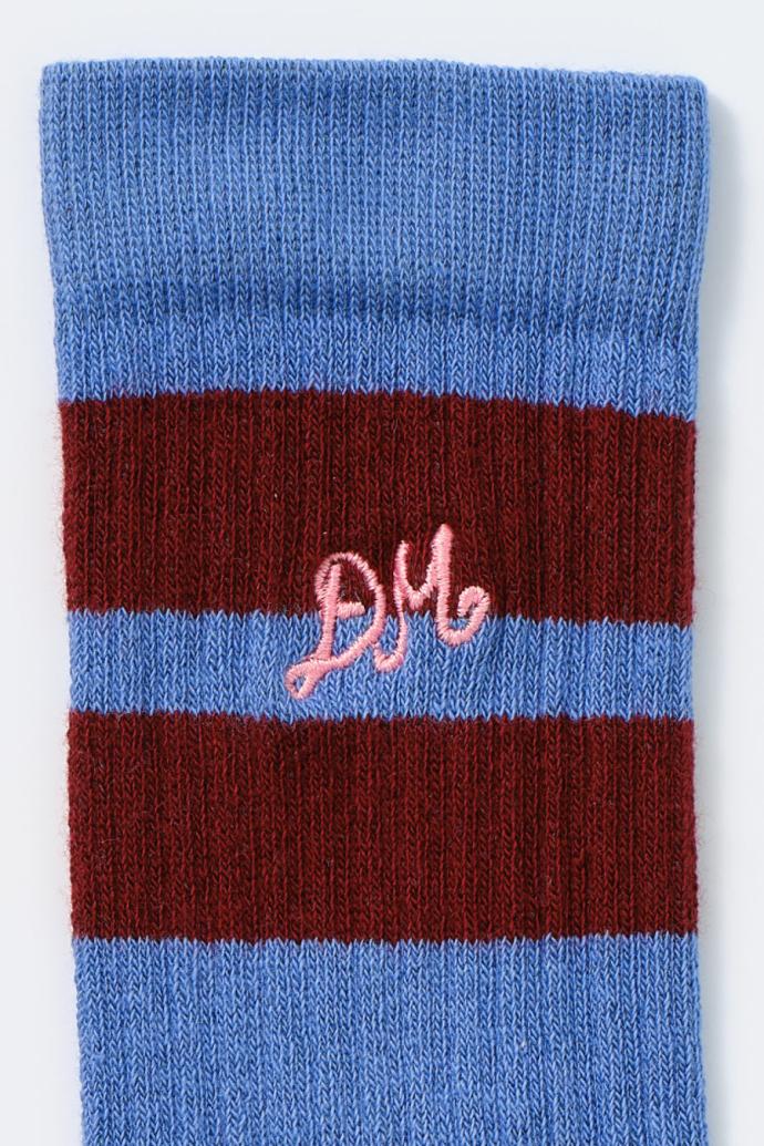 Cold Weather Accessories | Women Damson Madder Calf Length Socks - Blue &amp; Burgundy Stripe