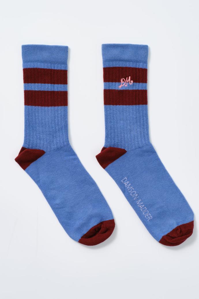 Cold Weather Accessories | Women Damson Madder Calf Length Socks - Blue &amp; Burgundy Stripe