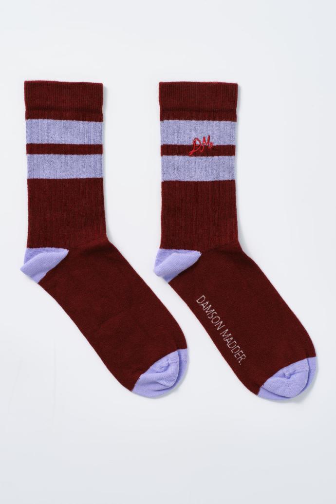 Cold Weather Accessories | Women Damson Madder Calf Length Socks - Burgundy &amp; Lilac Stripe