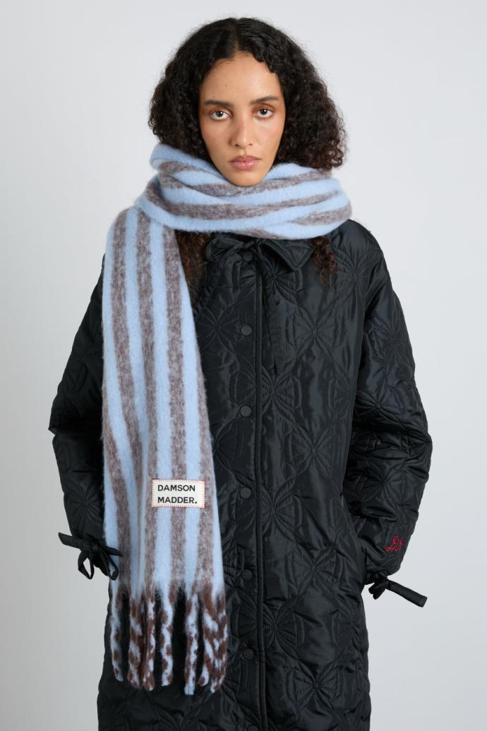 Cold Weather Accessories | Women Damson Madder Chocolate &amp; Baby Blue Fluffy Stripe Scarf