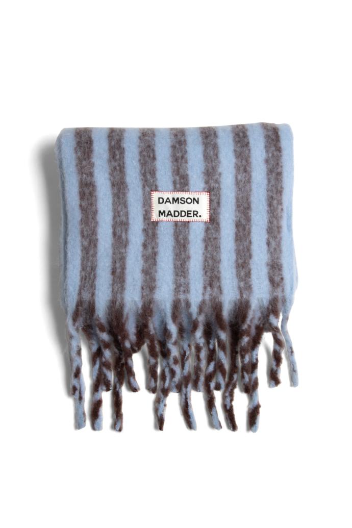 Cold Weather Accessories | Women Damson Madder Chocolate &amp; Baby Blue Fluffy Stripe Scarf