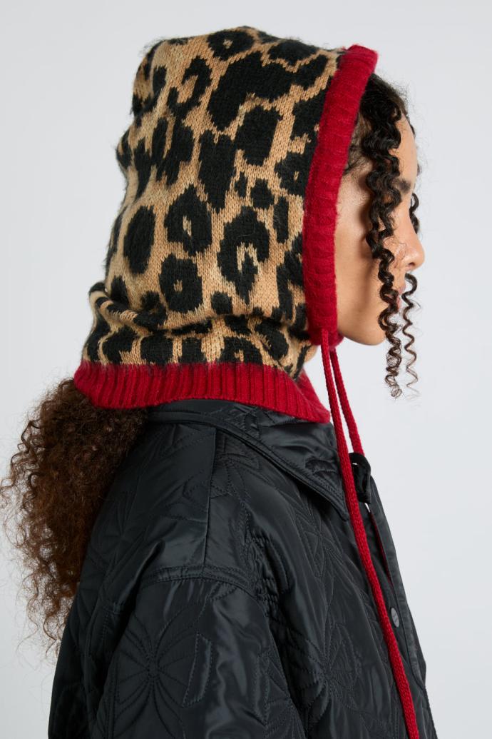 Cold Weather Accessories | Women Damson Madder Hood In Leopard With Red Tie