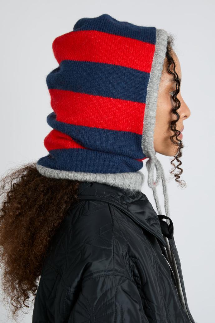 Cold Weather Accessories | Women Damson Madder Hood In Red &amp; Navy With Grey Tie