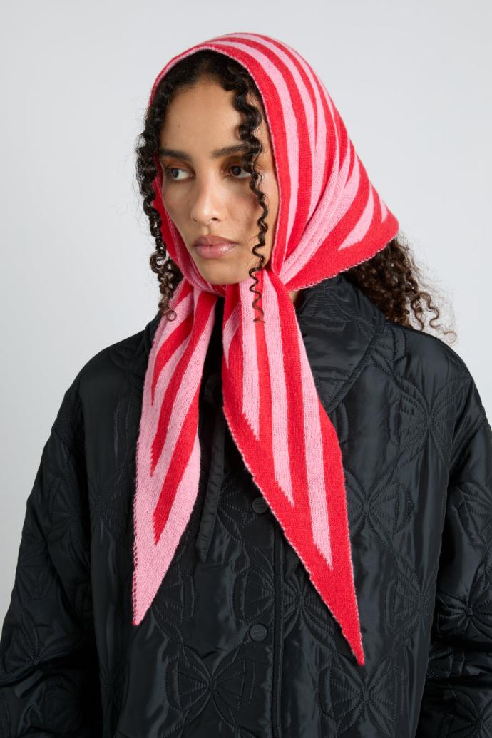 Cold Weather Accessories | Women Damson Madder Knitted Triangle Headscarf In Pink &amp; Red Stripe