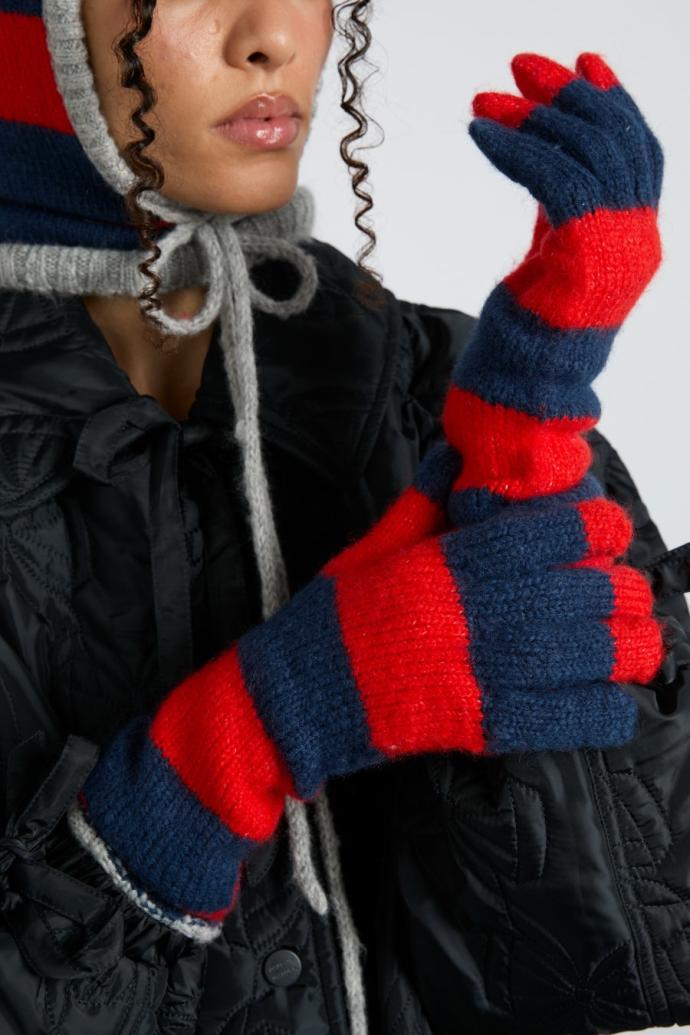 Cold Weather Accessories | Women Damson Madder Long Gloves In Navy &amp; Red Stripe