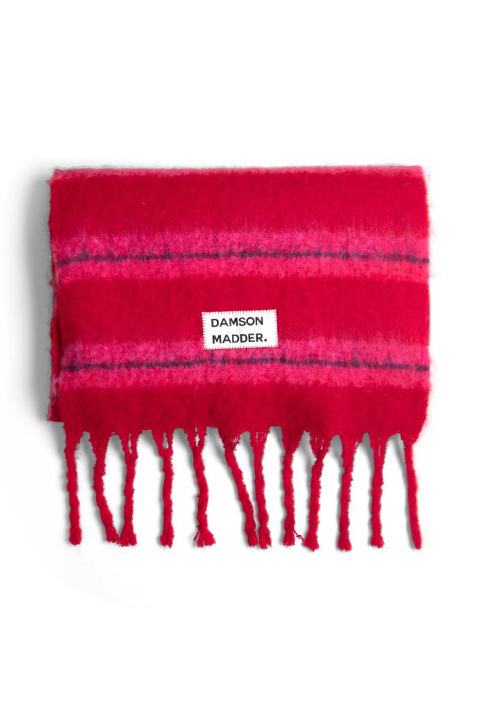 Cold Weather Accessories | Women Damson Madder Pink &amp; Red Fluffy Stripe Scarf