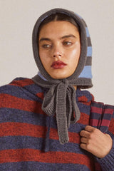 Cold Weather Accessories | Women Damson Madder Tie Neck Bonnet In Grey &amp; Blue Stripe