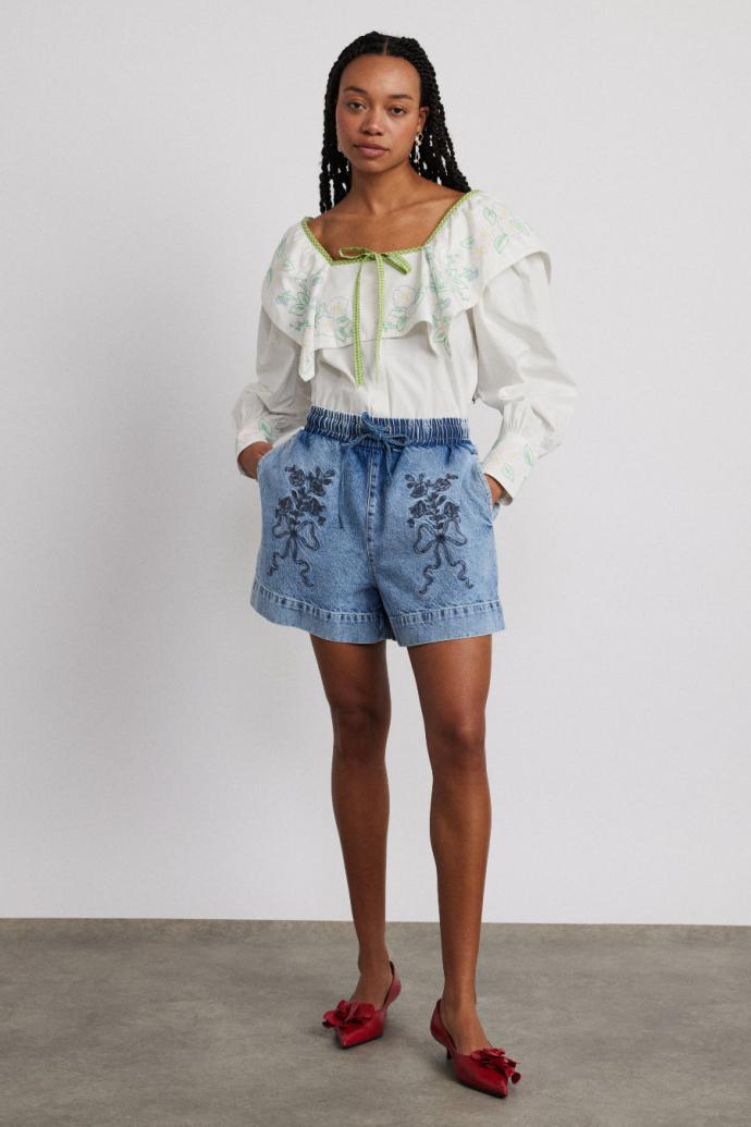 Denim | Women Damson Madder Rafe Shorts - Bow Embroidery