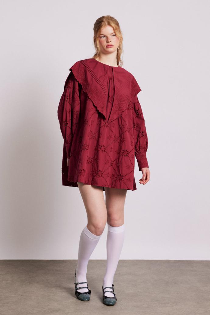 Dresses | Women Damson Madder Clementine Embroidered Collared Mini Dress - Burgundy