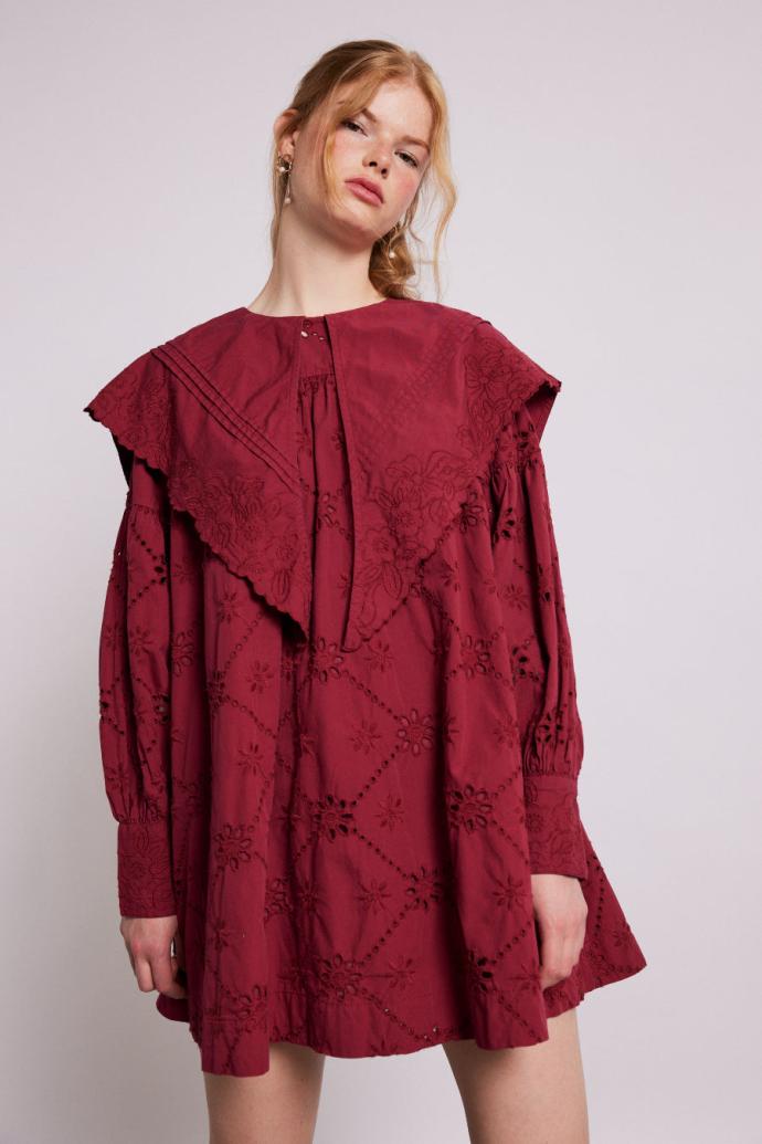 Dresses | Women Damson Madder Clementine Embroidered Collared Mini Dress - Burgundy