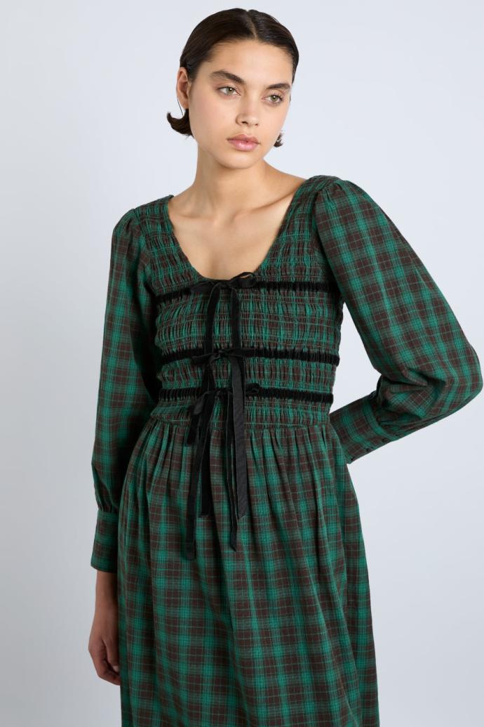 Dresses | Women Damson Madder Elle Shirred Midi Dress - Green Check