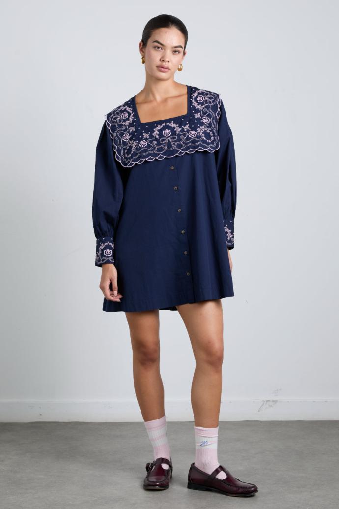 Dresses | Women Damson Madder Mala Embroidered Mini Dress- Navy
