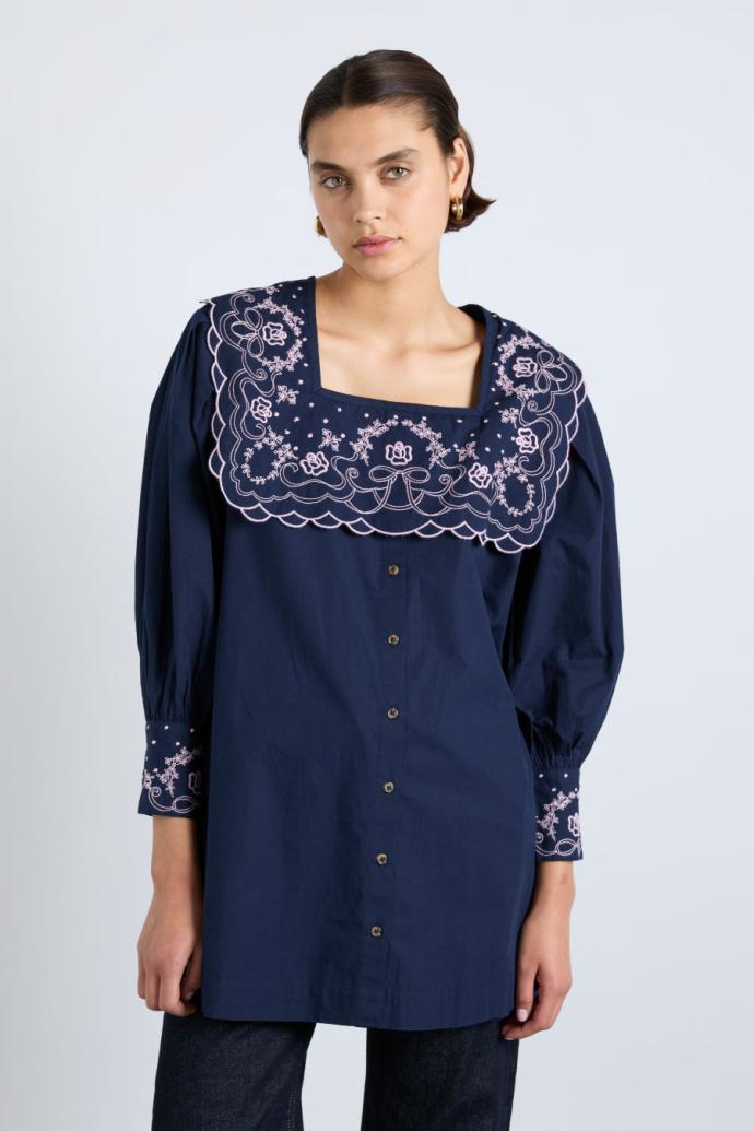 Dresses | Women Damson Madder Mala Embroidered Mini Dress- Navy