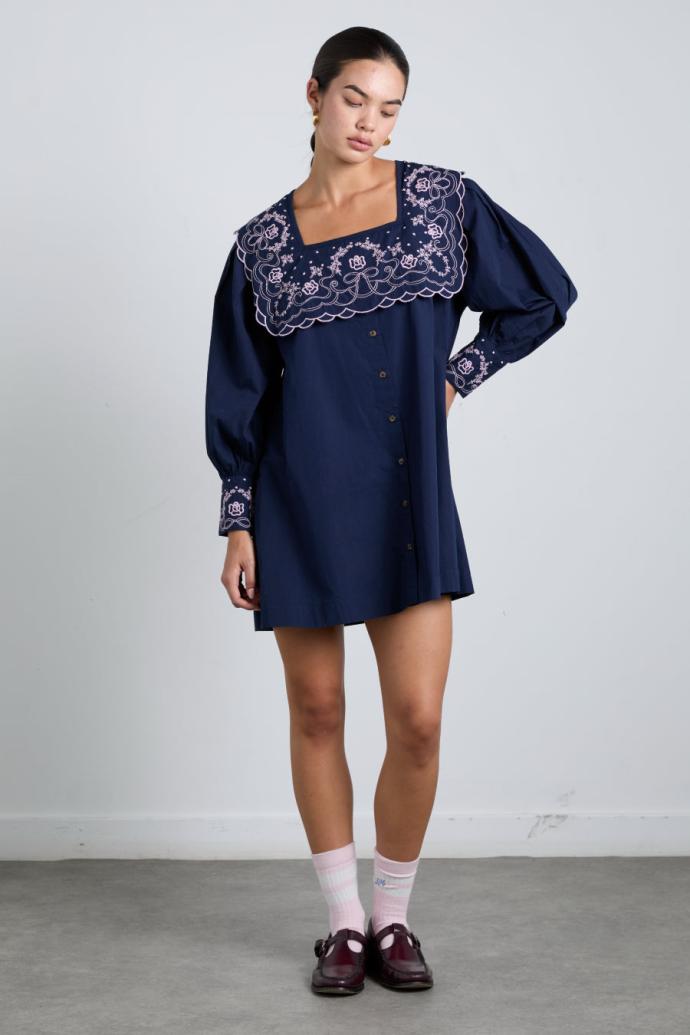 Dresses | Women Damson Madder Mala Embroidered Mini Dress- Navy