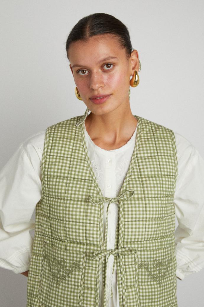 Gilets | Women Damson Madder Arte Reversible Tie Gilet - Green Gingham