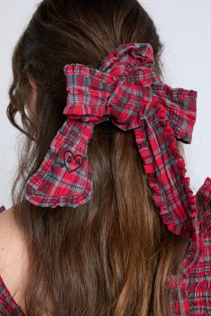 Hair Accessories | Women Damson Madder Red Check Bow Scrunchie