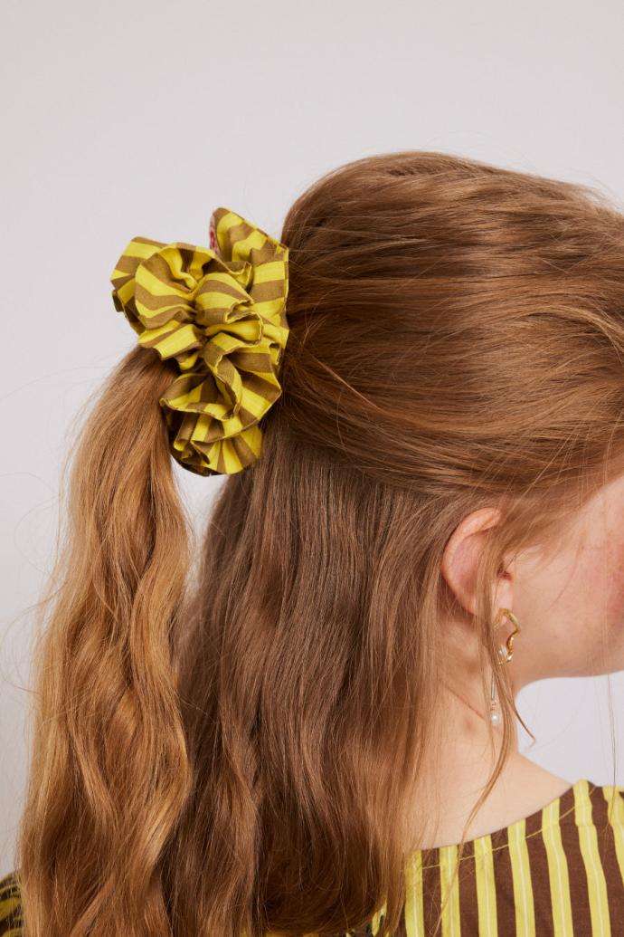 Hair Accessories | Women Damson Madder Shirred Garter Scrunchie - Yellow &amp; Brown Stripe