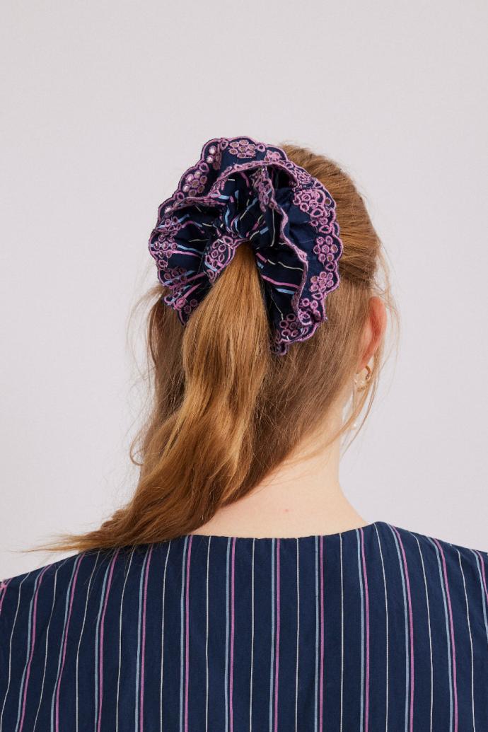 Hair Accessories | Women Damson Madder Stripe Scrunchie With Broderie Edge