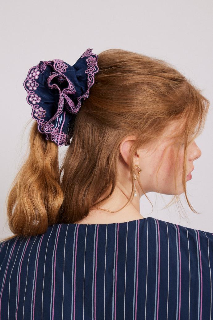 Hair Accessories | Women Damson Madder Stripe Scrunchie With Broderie Edge