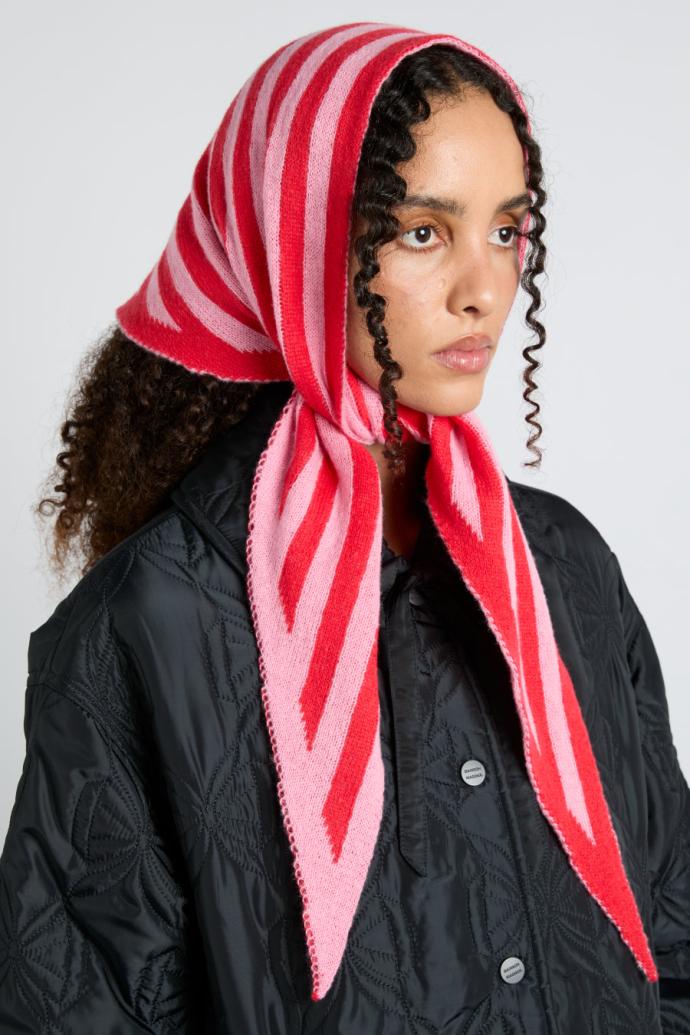 Hats | Women Damson Madder Knitted Triangle Headscarf In Pink &amp; Red Stripe