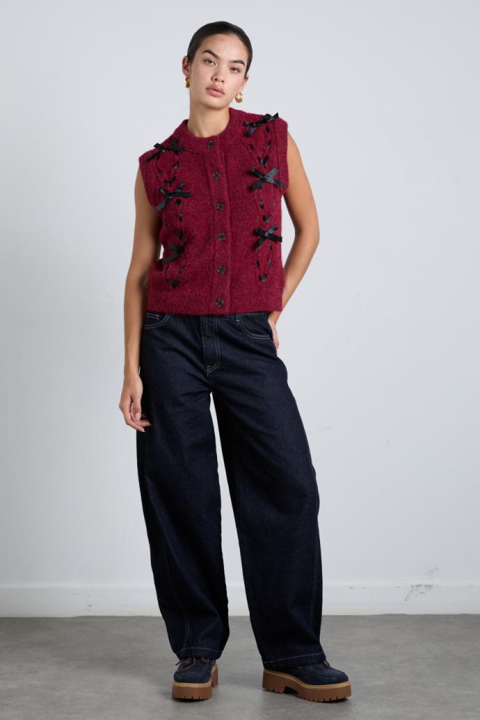 Knitwear | Women Damson Madder Aggie Knit Vest With Bows- Burgundy Cable