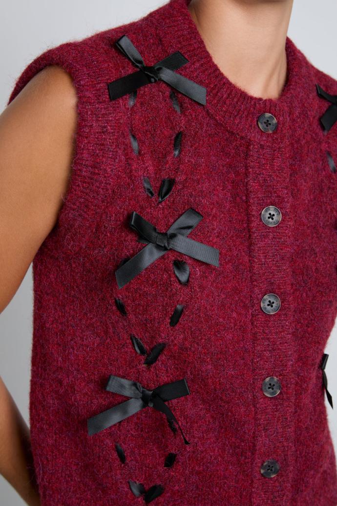 Knitwear | Women Damson Madder Aggie Knit Vest With Bows- Burgundy Cable