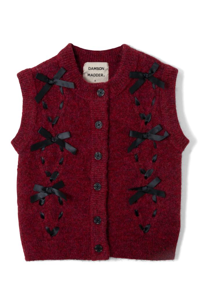 Knitwear | Women Damson Madder Aggie Knit Vest With Bows- Burgundy Cable