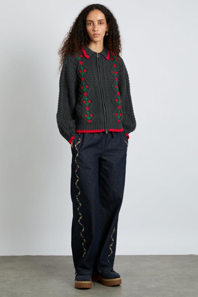 Knitwear | Women Damson Madder Grandpa Cardigan - Charcoal Cable