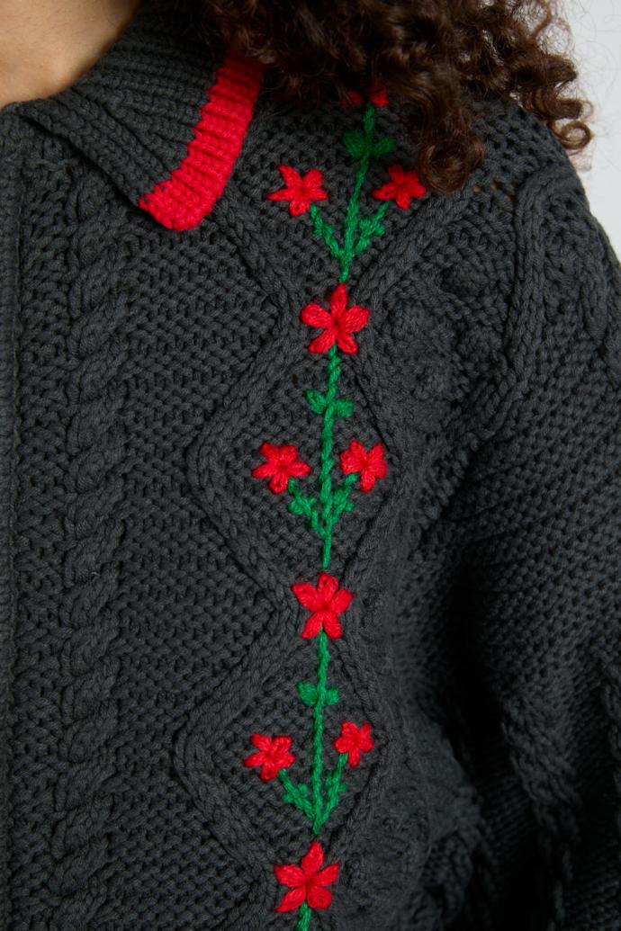 Knitwear | Women Damson Madder Grandpa Cardigan - Charcoal Cable