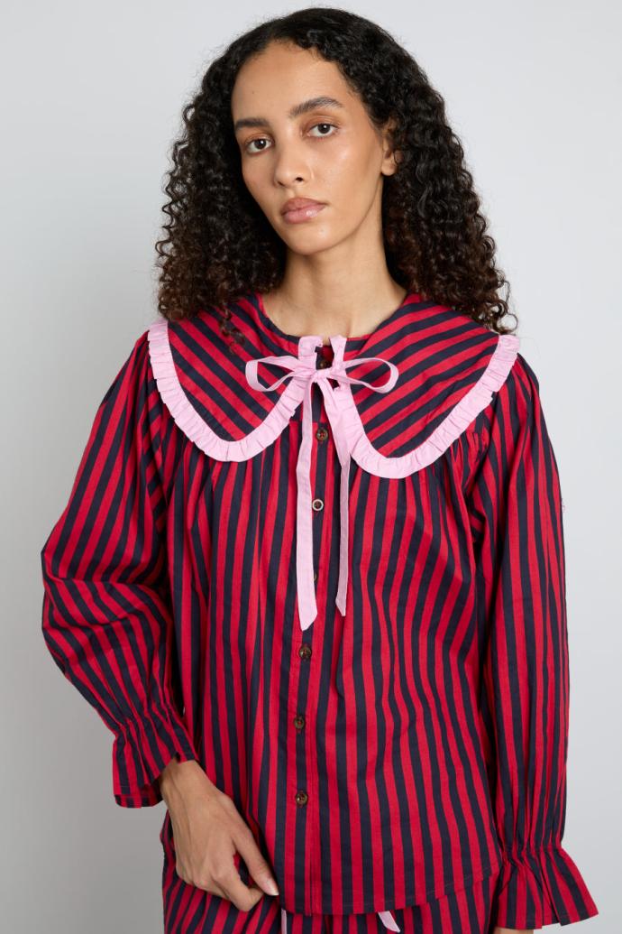 Nightwear | Women Damson Madder Maria Pj Set- Red/navy Stripe
