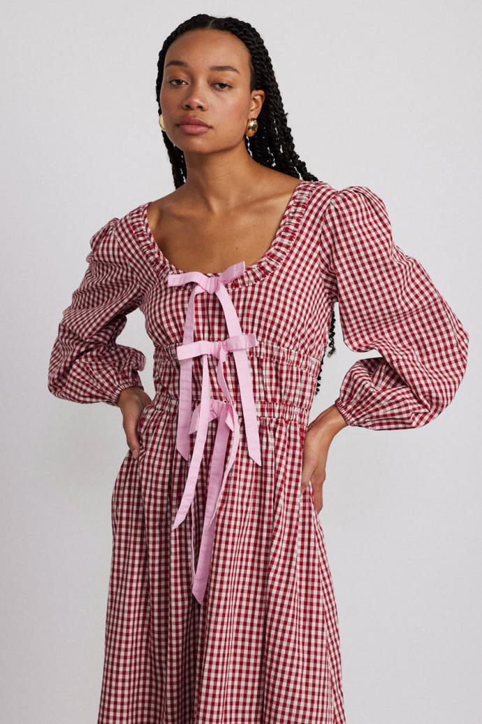 Occasion Wear | Women Damson Madder Dakota Bow Midi Dress - Red Gingham