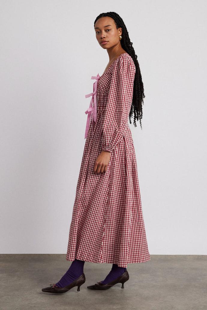 Occasion Wear | Women Damson Madder Dakota Bow Midi Dress - Red Gingham