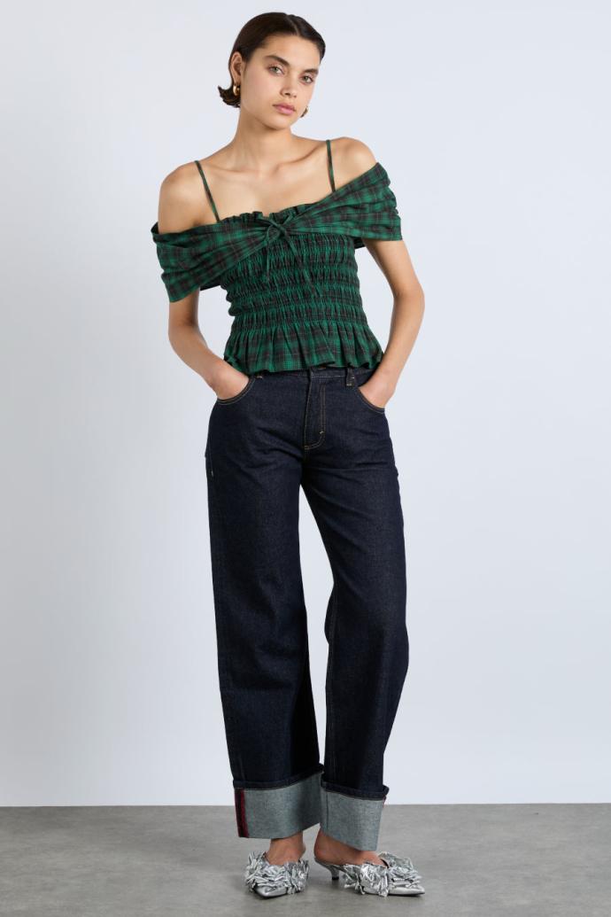 Occasion Wear | Women Damson Madder Elsa Shirred Bardot Cami - Green Check