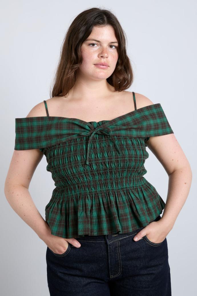 Occasion Wear | Women Damson Madder Elsa Shirred Bardot Cami - Green Check