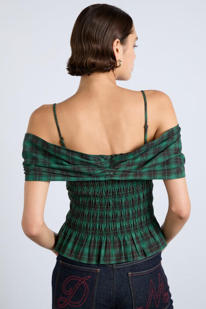 Occasion Wear | Women Damson Madder Elsa Shirred Bardot Cami - Green Check